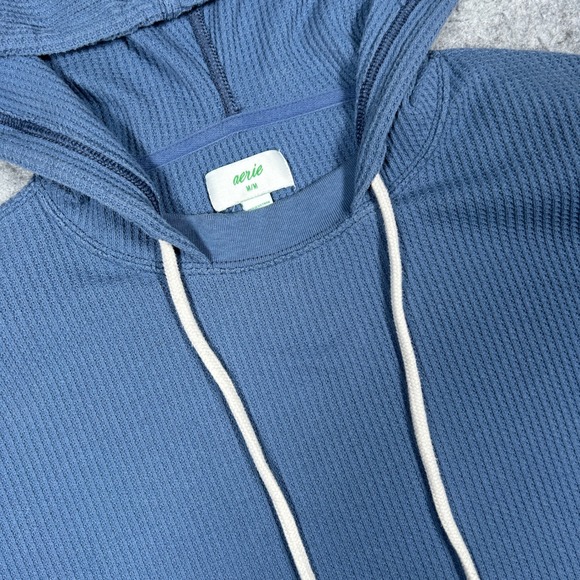Aerie pullover Hoodie Womens Medium Blue Waffle Knit Oversized Casual Loungewear - Picture 9 of 14
